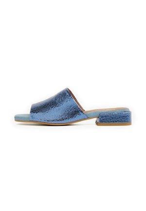 Blue leather slide shoe with a cracked texture, open toe, and a low block heel. Soft suede lining in a lighter blue, contrasting accents.