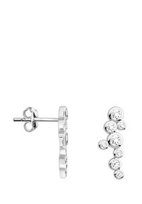 Söta silverringar med en modern design som har cirkulära accenter och utspridda klara kristaller, med varierande storlekar och släta ytor.