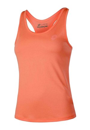 Ärmelloses korallenfarbenes Sporttanktop mit Racerback-Design aus glattem, leichtem Stoff.