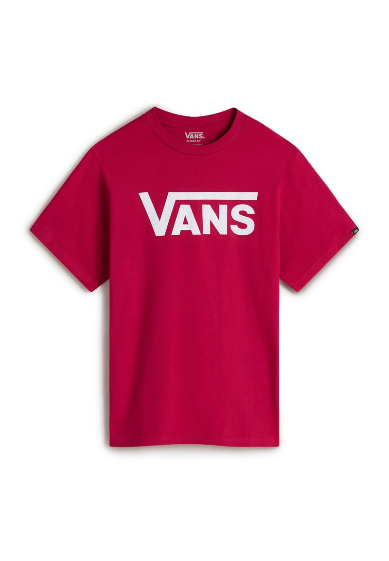 T-shirt in cotone rosso con un grande logo bianco "VANS" sull'area del petto. Maniche corte, design a girocollo, texture del tessuto liscia.