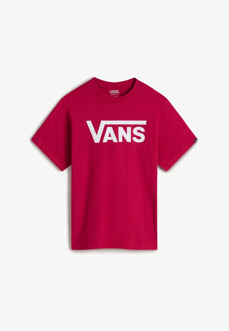 Camiseta de algodón roja con un gran logo blanco de "VANS" en el pecho. Mangas cortas, diseño de cuello redondo, textura de tela suave.