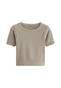 Top corto a maniche corte beige a coste con scollatura rotonda, presentato piatto su uno sfondo bianco.