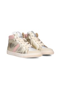 High-top sneakers with a metallic gold finish, silver toe, and pink accents. Cream laces and rubber soles enhance the design.
