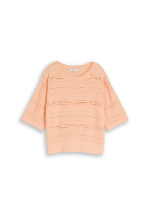 Krótkie rękawy, dzianinowy sweter w kolorze brzoskwiniowym z poziomymi, otwartymi pasami dzianiny i szerokim okrągłym dekoltem.