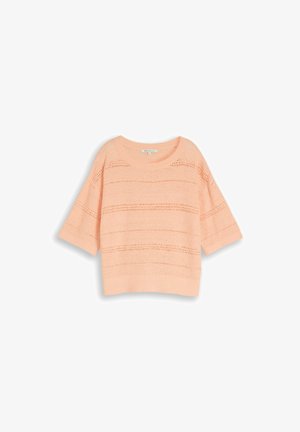 Krótkie rękawy, dzianinowy sweter w kolorze brzoskwiniowym z poziomymi, otwartymi pasami dzianiny i szerokim okrągłym dekoltem.