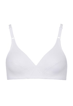 Weißer BH mit dreieckiger Form, weichem Material, verstellbaren Trägern und dezent gewelltem Saum entlang des Bändern und des Ausschnitts.