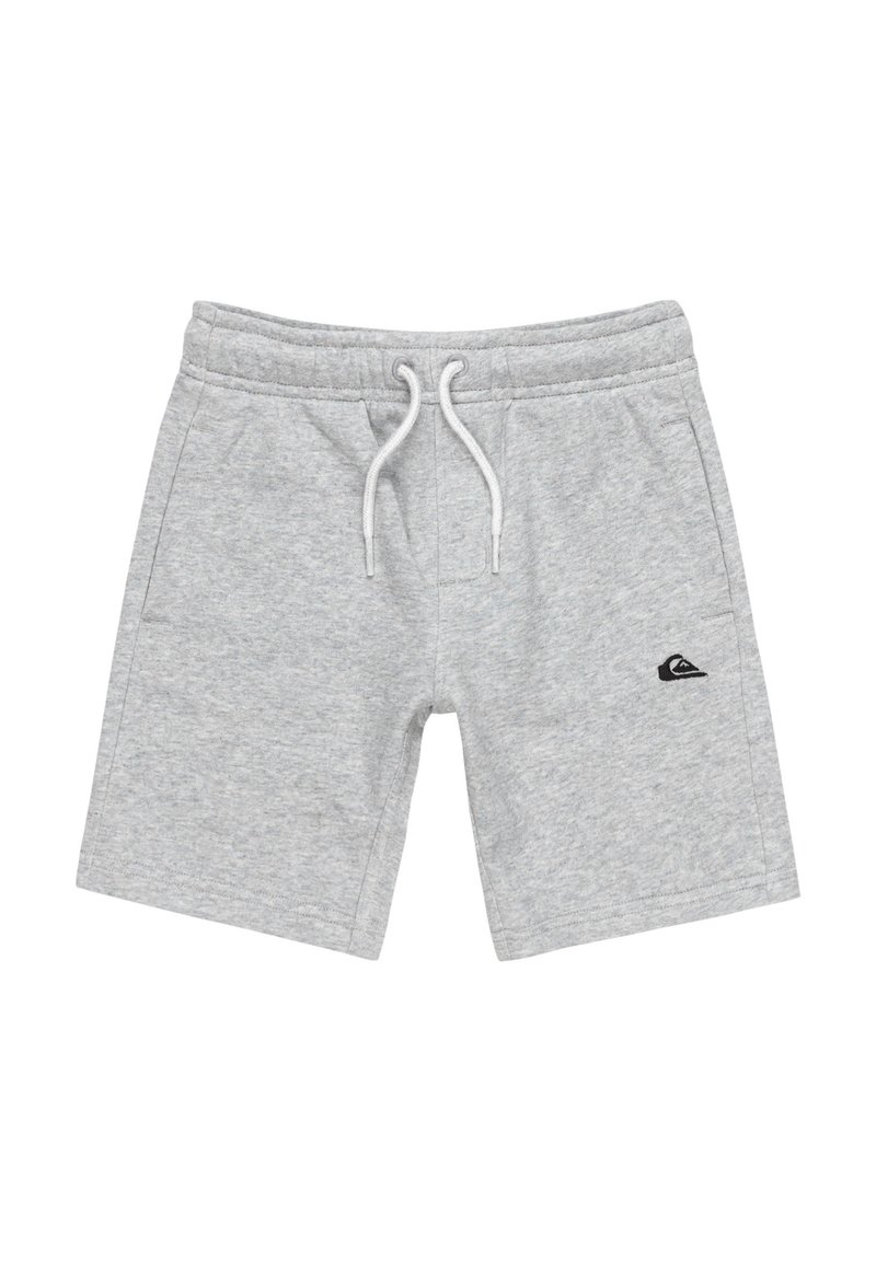 Pantalones cortos de algodón gris con cinturilla elástica, cordón blanco, bolsillos laterales y un pequeño logo negro en la pierna izquierda.