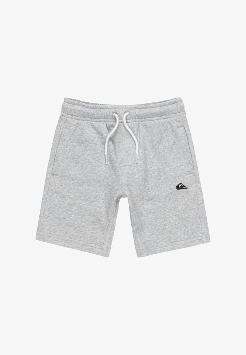 Pantalones cortos de algodón gris con cinturilla elástica, cordón blanco, bolsillos laterales y un pequeño logo negro en la pierna izquierda.