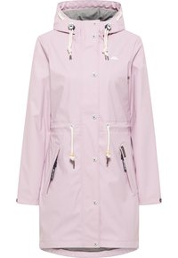 Ljusrosa regnjacka med huva, med kontrasterande grå foder, snörning, två ficklock och silverfärgad hårdvara.