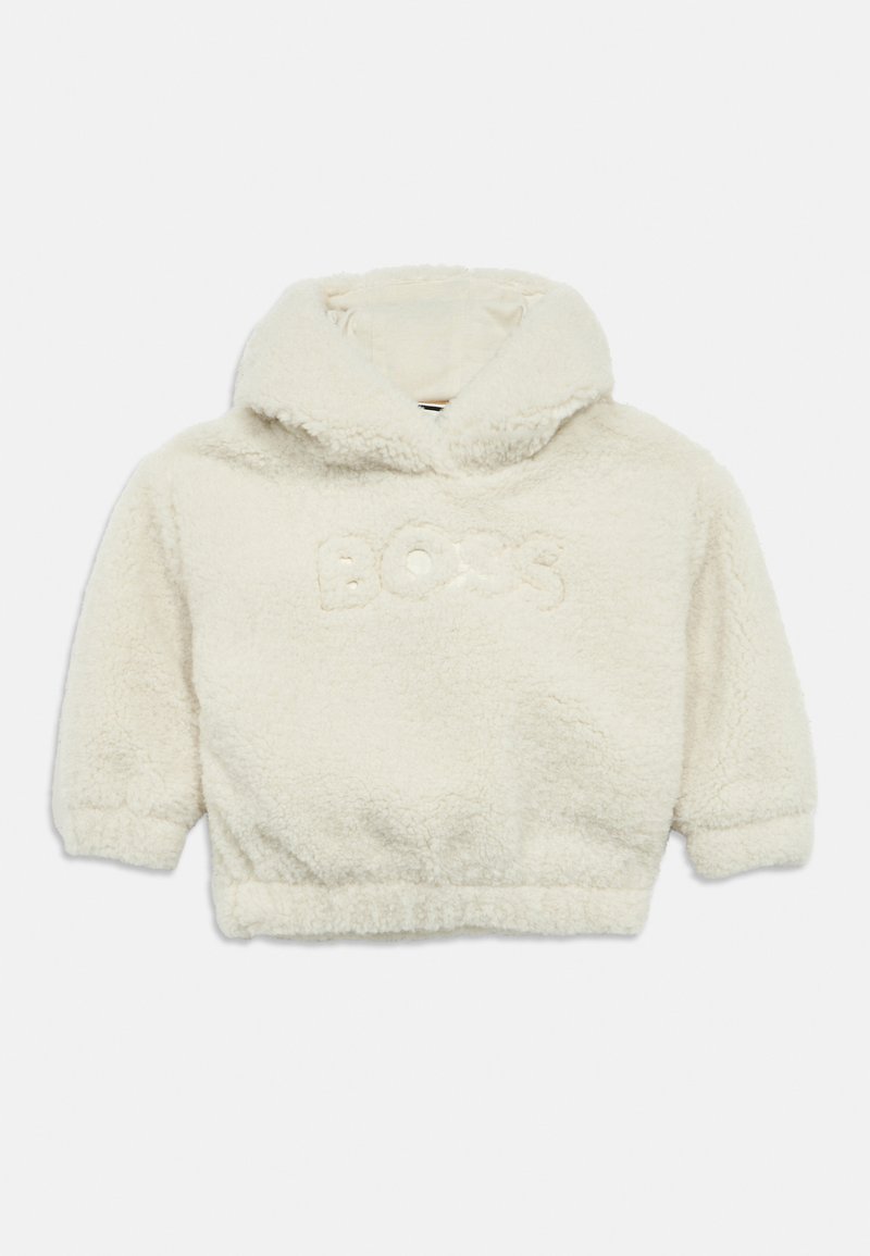 Krémová fleecová mikina s kapucňou, jemnou textúrou, krátkym strihom a vyšívaným logom „BOSS“ na prednej strane. Má kapucňu a krátke rukávy.