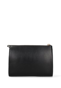 Borsa in pelle nera con una texture liscia e chiusura con zip, caratterizzata da una forma rettangolare semplice e priva di motivi o accenti notevoli.