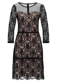 Robe noire en dentelle florale, longueur genou, avec un empiècement en tulle à pois transparent et des manches trois-quarts au-dessus d'une doublure nude, dotée d'une fermeture éclair au dos.