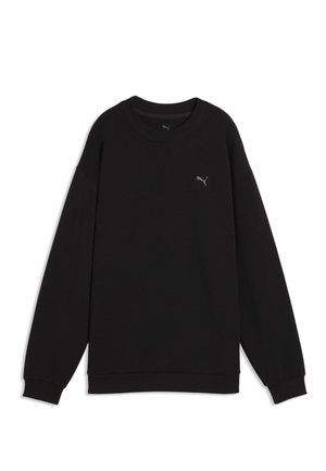 Sweat-shirt noir à manches longues avec col rond, poignets et ourlet côtelés, avec un petit logo Puma sur la poitrine avant gauche.