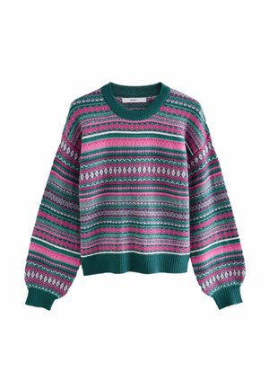 Pull en maille à motifs verts et roses avec manches longues bouffantes, bordures en côtes aux poignets, à l'ourlet et à l'encolure, présentant des rayures géométriques horizontales.