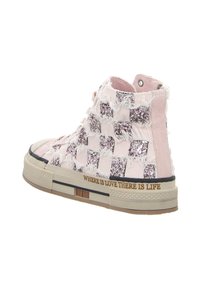 Pink high-top sneaker with textured fabric and sparkling accents, featuring a decorative quote on the side and contrasting rubber sole.