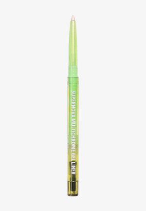 Crayon translucide vert étiqueté « Supernova Multichrome Gel Liner » avec une pointe rose et un taille-crayon noir fixé en bas.