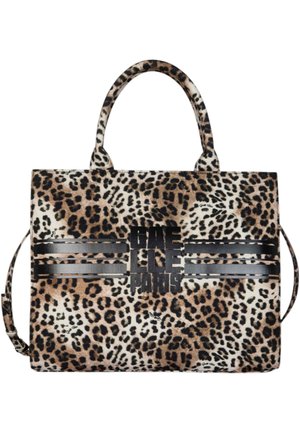 Borsa rettangolare con stampa leopardata con doppi manici, cinturini orizzontali neri e testo nero "GAELLE PARIS" al centro davanti.