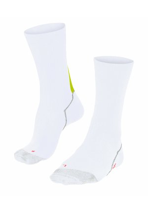 Weiße Sportsocken mit grünem Akzent, nahtloser Konstruktion, verstärkter Zehen- und Fersenbereich sowie kontrastierenden grauen Nähdetails.