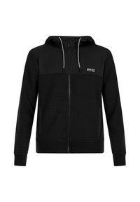 Zwarte rits hooded jacket van textuurstof, met twee voorzakken, trekkoorden en een klein "PRO TEST" logo op de linkerkant van de borst.