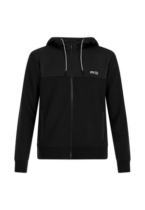 Zwarte rits hooded jacket van textuurstof, met twee voorzakken, trekkoorden en een klein "PRO TEST" logo op de linkerkant van de borst.