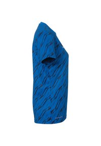 Blå kortærmet T-shirt med abstrakte sorte mønstre, lavet af letvægtsstof, med rund halsudskæring og lige snit.