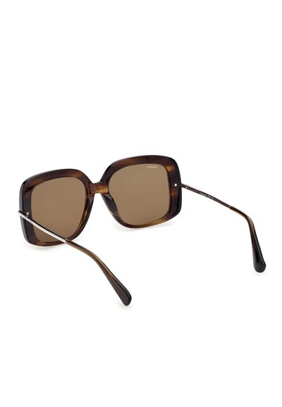 Tortoiseshell square sunglasses with brown tinted lenses and thin metal temples.