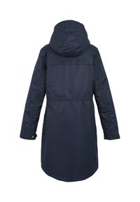 Manteau long bleu marine avec capuche, manches longues, détail de taille élastique à l'arrière, et poignets à boutons, présenté de dos sur fond blanc.