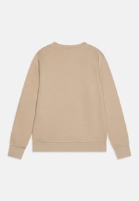 Sudadera beige con mangas largas, cuello redondo, puños y dobladillo acanalados, y una tela suave y con textura. Sin logotipos ni patrones visibles.