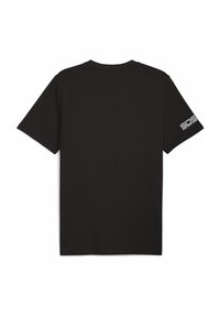 Sort kortærmet t-shirt lavet af bomuld med en rund halsudskæring og et logo trykt i hvidt på venstre ærme.