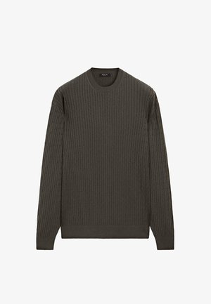 Dunkelgrüner gerippter Strickpullover mit langen Ärmeln und einem runden Halsausschnitt, der eine strukturierte Oberfläche und einen taillierten Saum aufweist.