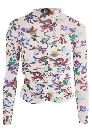 Blusa de manga larga con fruncidos y cuello alto, con un patrón floral multicolor sobre un fondo rosa claro.