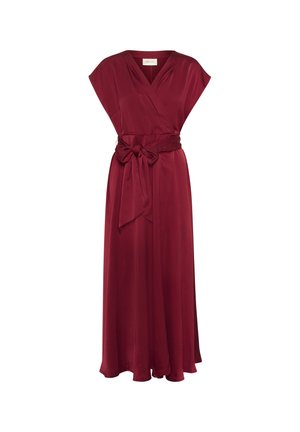 Burgundy wrap dress in satin with short sleeves, a deep V-neck, and a tied waist belt, featuring a flowing floor-length skirt.