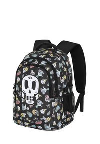 Mochila negra con un gran gráfico de calavera blanca, coloridas pegatinas de dibujos animados, múltiples compartimentos, correas acolchadas y bolsillos laterales de malla.