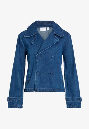 Blaue Jeans-Doppelreihjacke mit breiten Revers, geknöpften Manschetten, Seitentaschen und einem VILA-Label am Krageninneren.