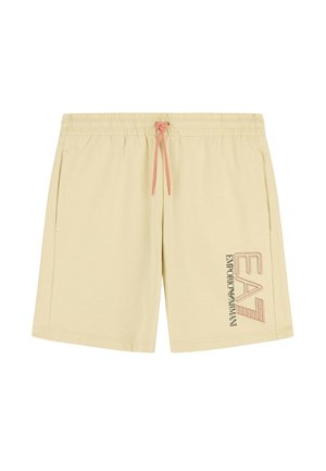 Beige elastiske taljeshorts med koralfarvet snøre og sidelommer, med "EA7 Emporio Armani" logo på højre ben.