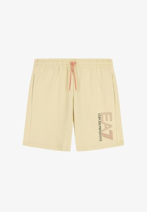 Beige Shorts mit elastischem Bund, korallenrotem Kordelzug und Seitentaschen, mit dem "EA7 Emporio Armani" Logo am rechten Bein.