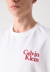 Balta medvilninė marškinėliai su apvaliu iškirpimu, kairėje krūtinės pusėje puikuojasi raudonas siuvinėtas "Calvin Klein" logotipas. Lygus tekstūra, nesudėtingas dizainas.