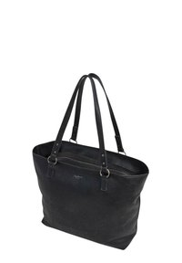 Borsa tote in pelle nera con due manici, superficie texturizzata e chiusura con cerniera. Presenta un piccolo logo sulla parte anteriore.