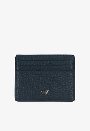 Portacarte in pelle blu navy con superficie testurizzata, più scomparti per carte e piccolo logo metallico decorativo. Forma compatta e rettangolare.