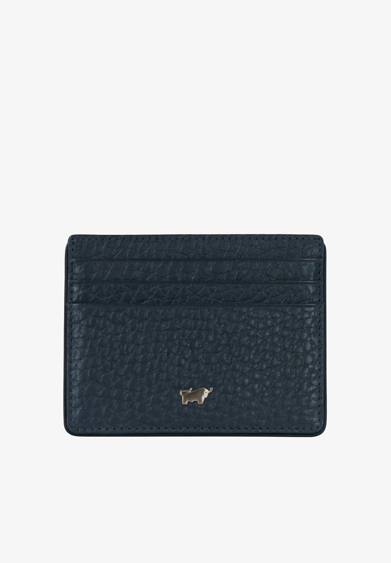 Porte-cartes en cuir bleu marine avec une surface texturée, plusieurs emplacements pour cartes et un petit logo métallique. Forme compacte et rectangulaire.