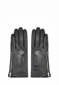 Czarne skórzane rękawiczki o gładkiej fakturze, z ozdobnym zamkiem błyskawicznym po boku. Pięciopalcowy fason, dopasowany krój i elegancki wygląd.
