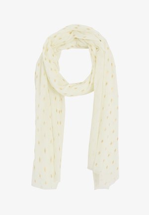 Écharpe crème claire avec une texture douce et de petits motifs ovales dorés éparpillés, drapée en boucle lâche.