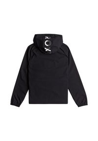 Black hooded jacket with elastic cuffs and a smooth texture. Features a white logo printed vertically on the back.