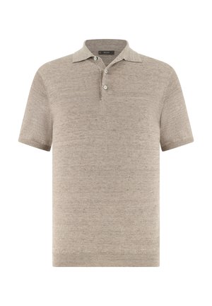Béžové krátké pletené polo tričko s krátkými rukávy, třemi knoflíky a límečkem, s žebrovaným lemem a manžetami.