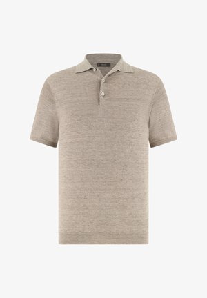 Polo en maille beige à manches courtes avec trois boutons et un col, doté d'un ourlet et de poignets côtelés.