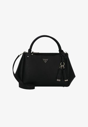 Sac à main noir en matériau synthétique lisse, avec un design structuré, des poignées doubles, une bandoulière amovible et des accents de logo.