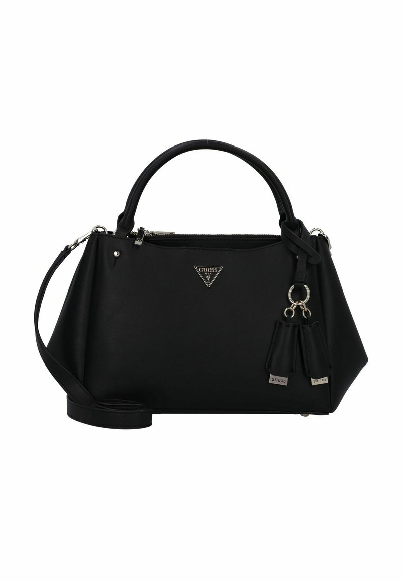 Borsa nera realizzata in materiale sintetico liscio, con un design strutturato, doppi manici, tracolla staccabile e dettagli con logo.