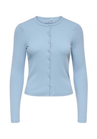 Cardigan à manches longues bleu clair en tissu côtelé, avec un col rond, une fermeture à boutons sur le devant et un détail de bord festonné.