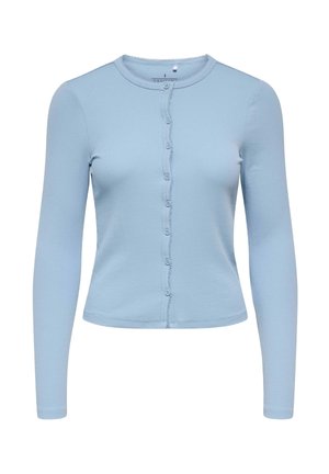 Cardigan a manica lunga di colore azzurro chiaro realizzato in tessuto a costine, con scollatura rotonda, chiusura frontale con bottoni e dettaglio a bordo smerlato.