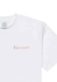 White cotton t-shirt featuring a multicolored "ELEMENT" logo, short sleeves, crew neck, smooth texture, and a classic fit.